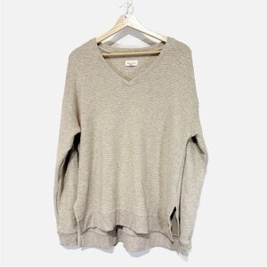 Thread & Supply Women's V Neck Sweater Ribbed Tan Cream High Low Size Large